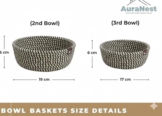 Image of Handmade Jute Cotton Storage Baskets Set of 3 for Dining Table, Fruit Basket & Roti Bowl, Cane Style Organizer for Kitchen, Home Decor, Washable Multipurpose (BeigeBlack)
