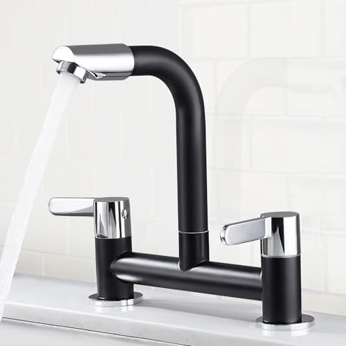 Kitchen Mixer Tap Dual Lever with 360° Aerator, Swivel Sink Bridge Taps 2 Hole Monobloc Faucet, 180mm Centres Deck Mounted with G1/2 Hose UK Standard Fittings (Black)