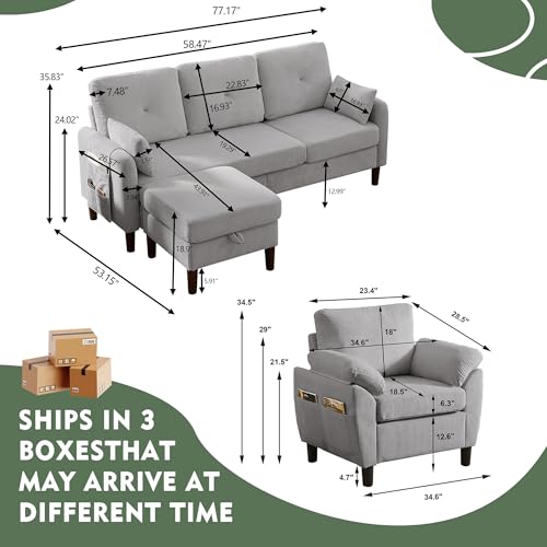 Image of 3 Pieces Sofa Set for Living Room with Sofa, Storage Ottoman and Single Chair