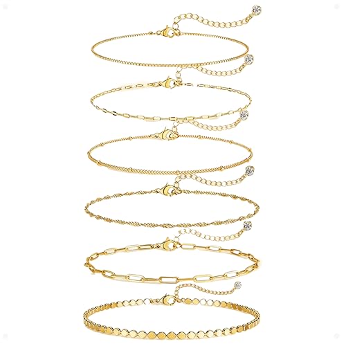 AUNEK Goudkleurige Armband Set voor Dames, 6 Delige Verstelbare Stapelbare CZ Tennis, Hart, Paperclip En Boxketting, Waterdichte Minimalistische Sieraden, Hypoallergene Cadeaudoos