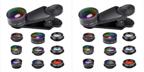 Set di 2 lenti per smartphone - Set di obiettivi per cellulare macro vetro clip fotocamera Strumenti universali per grandangolare 198-Fisheye 198 alloggiamento in lega