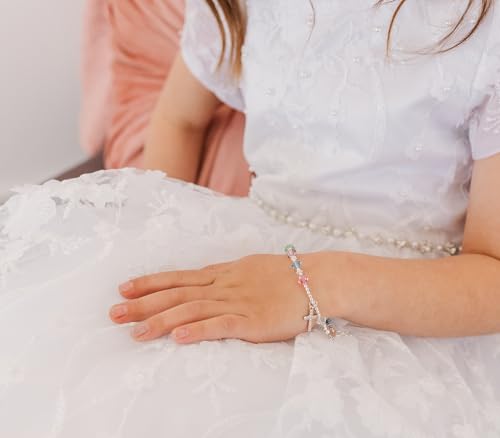 Precious Pieces Children's Sterling Silver First Communion Rosary Bracelet with High-end Crystals and Cross for Girls (6-6.5")4