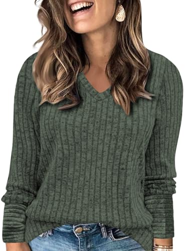 Plus Size Womens Tops Fashion Ribbed Knit Pullover Sweaters Cute Chic V Neck Basic Long Sleeve Shirts Green 3XL
