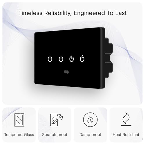 Image of IOTICS Smart Wifi Switch Board: 4 Switch with 1 x High Load (AC /Geyser) switch. Touch, Remote, App Control. Voice Compatible with Alexa & Assistant. Smart Touch Switch For Home Automation (Black)