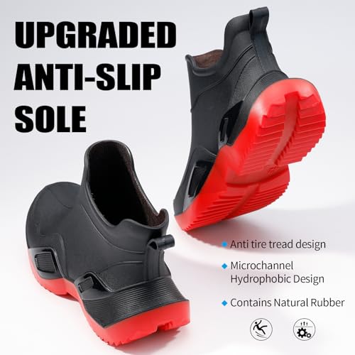 Short rain boots women waterproof deck boots for men ankle fishing boot comfortable garden work shoes lightweight chelsea boot for Boating Camping Sailing black&red3