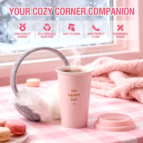 Ceramic Mug Pink Cup With Earmuffs Get Cosy Winnter Kit Warm Sets Lovely Perfect Unique Gift For Coffee Tea Milk,For Girlfriend, Girls, Birthday, Christmas, Mother's Day