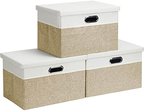 Febzoce Storage Boxes with Lids, Foldable Fabric Storage Baskets for Shelves Stackable Cube Bins Organizer for Closets Home and Office Grey Medium Large 39 x 27 x 25cm 3-Pack