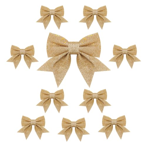 Topways 10PCS Christmas Bow Decorations Gold Sequin Bow Ties for Christmas Tree Xmas Ornaments for Home Party 6.7in