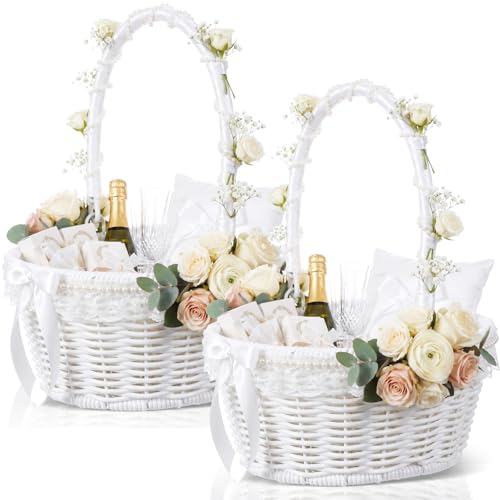 Remerry 2 Pieces White Wicker Baskets with Handle 9x7x5 inch Wedding rattan Basket Small Picnic Woven Basket Braided Gift Wedding Baby Shower Farmhouse Decor