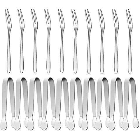 Mini Serving Tongs & Fruit Fork, 4Inch Stainless Steel Sugar Cube Tongs, Sliver Small Ice Tongs for Tea and Coffee Party, Appetizers, Desserts by Sunenlyst (10 Sugar Tongs,10 Fruit Forks) Cover