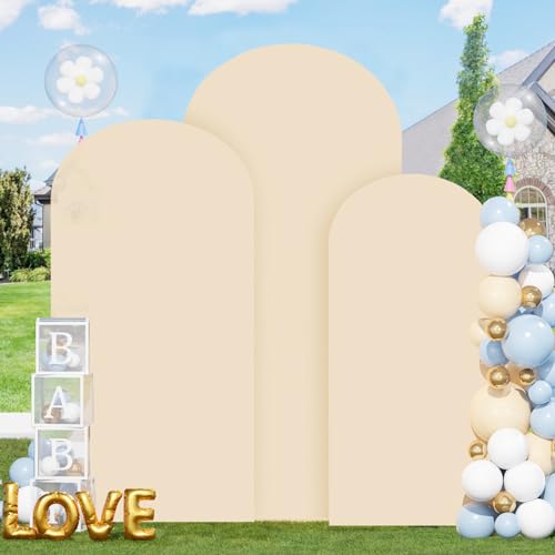 Image of FOTSHARER Beige Spandex Arch Cover 6F 6.6FT 7.2FT Wedding Arch Cover Set of 3 Spandex Fitted Wedding Arch Stand Covers for Birthday Party Round Top Backdrop Covers for Party Bridal Baby Shower