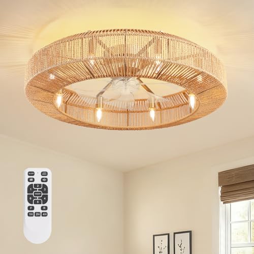Siljoy 31.5" Boho Ceiling Fan, Low Profile Rattan Ceiling Fans