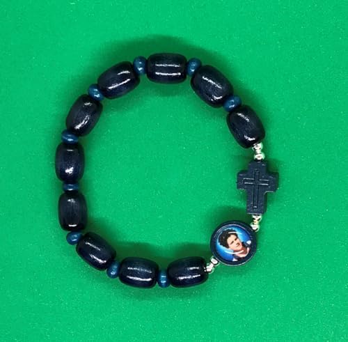 Carlo Acutis Stretch Rosary Bracelet, 10mm Blue Wood Beads, Photo Bead & Cross2