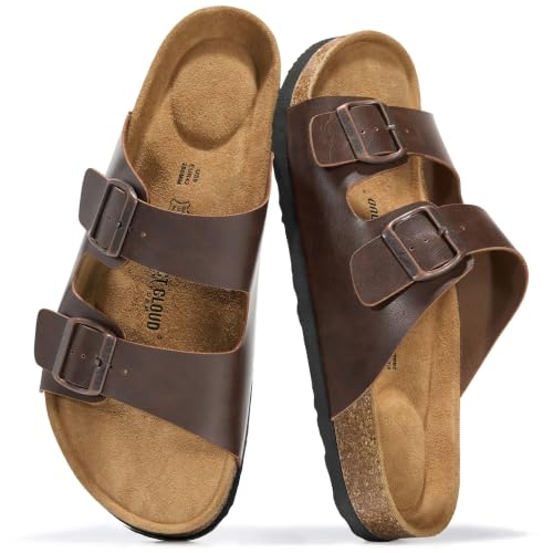 Image of Project Cloud Mens Sandals, 100% Genuine Leather Mens Slides (Heritage) | Memory Foam Insole & Cork Footbed Slides for Men Footwear Non Slip Summer Sandals for Men & Lightweight Sandals Men