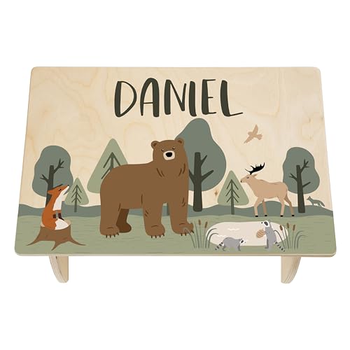 Woodland-Step-Stool-for-Toddlers-Personalized-Wood-Kids-Step-Stool-with-Name-for-Kitchen-Sink-Bathroom-Potty-Training-Toilet-Kitchen-Sink-Sturdy-and-Safe-Made-in-USA-by-BloomOwl-Woodland-Bear Woodland Step Stool for Toddlers Personalized Wood Kids Step Stool with Name for Kitchen Sink Bathroom Potty Training Toilet Kitchen Sink Sturdy and Safe Made in USA by BloomOwl Woodland Bear