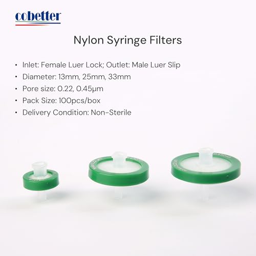 Image of 100 Pack Syringe Filter Nylon Lab Filters 0.22μm Pore Size 13mm Diameter Hydrophilic Filtration Non-sterile, Green