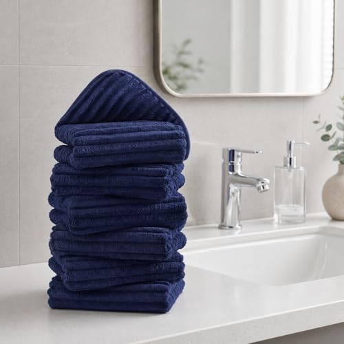 Image of 6 PC Microfiber Hand Towels for Bathroom, 16 inchx30 inch,Navy Blue | Soft Touch, Highly Absorbent, Quick Dry, Lint Free, Hanging Loop, Lightweight Towels for Guest Bath, Gym, Travel & Kitchen