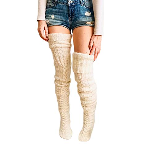 Women's Cable Knit Thigh High Boot Socks Extra Long Winter Stockings Leg Warmers (Beige)