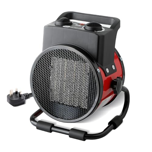 2KW Low Energy PTC Fan Space Heater - Quick Heating, 2 Settings & Thermostatic Control, Free Standing Electric Heater for Home/Workshops/Office/Garage, Red