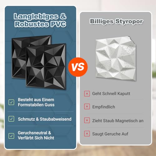 Jaxguom 3D Wandpaneele Diamant 12 Stück 30 x 30 cm (1.08m²), 3D Wall Panels Hochsteifes PVC Wanddeko Platten, Nicht Verformbar, Wasserfest, Hitzebeständig, Matt Schwarz
