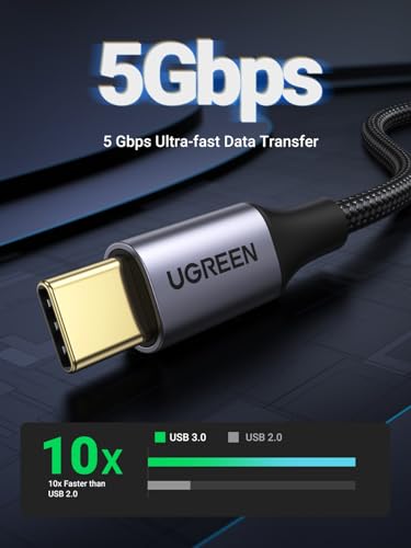 UGREEN USB to USB C Cable USB 3.0 5Gbps Data Transfer Type C Cable Fast Charging Nylon Braided Cord Compatible with Android Auto, iPhone 17 16 Pro Max, Galaxy S25 S24 S23 Ultra, PS5 Controller, 3ft