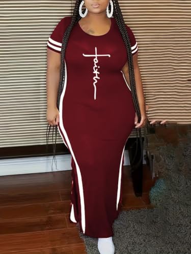 Image of PINSV Women Plus Size Maxi Dress Summer Short Sleeve Split Long Dress