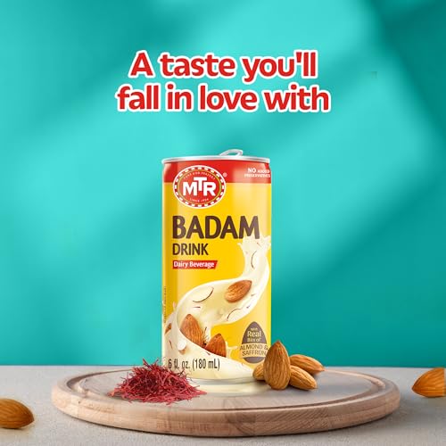 MTR Badam Drink, Ready-to-Drink - Authentic Indian Almond Milk Beverage, Real Bits of Almond & Saffron, No Added Preservatives, No Added Artificial Flavors & Colors, Gluten-Free, Refreshing Drink, Perfect for Anytime Refreshment, Pack of 6