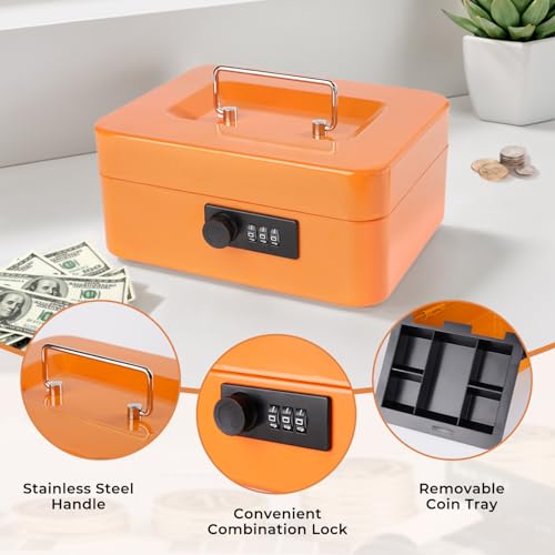 Cash Box with Combination Lock and Money Tray Metal Money Box for Cash Portable Lock Box for Money 7.87 x 6.3 x 3.54 Inches - Orange by Goehiaul - Image 3