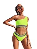 Floerns Women's One Shoulder Bikini Set Striped Two Piece Swimsuit Bathing Suit A Neon Lime M