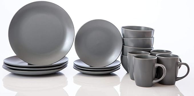 16-Pieces Stoneware Dinnerware Set, Dinner Set, Kitchen Dinnerware Ceramic Crockery Set, Dinner Service Set for 4, Include Dinner Plate, Dessert Plate, Cereal Bowl and Mug. (Gentleman Grey)