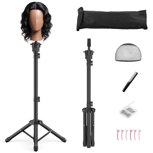 Womnwomn Wig Stand Tripod, 50 Inch Adjustable Mannequin Head Stand, Wig Head Stand for Cosmetology, Hairdressing Training - Includes T-Pins, Comb, Hair Clips & Carrying Bag (Head Not Included)