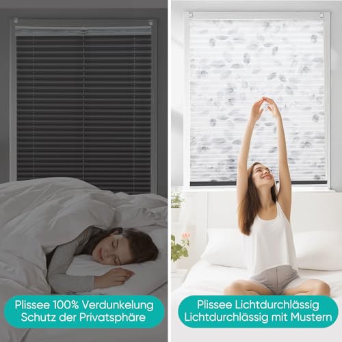 Sekey Plissee Day+Night Doppelplissee Verdunkelung ohne Bohren verspannt Lichtschutz 100x120cm Druck+Dunkelgrau – Ansicht 3