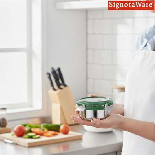 Image of Signoraware Lock N Store Stainless Steel Round Container With Steel Lid | Airtight & Leakproof | Compact & Durable | Ideal for Snacks, Office, School & Travel Use (450ml | EGreen)
