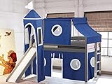 JACKPOT! Castle Low Loft Bed with Slide, Blue and White Tent and Tower, Twin, Gray
