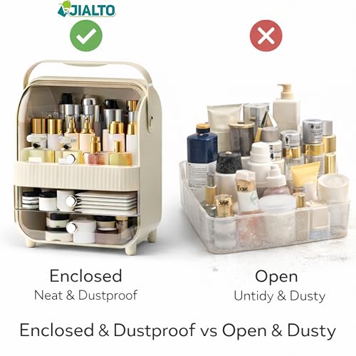 Image of JIALTO Large Cosmetic Organizer Box with Handle - Dustproof Makeup Storage Cabinet with Drawer, Skincare & Perfume Organizer for Vanity, Dressing Table & Bathroom Countertop (37x29.5x20 cm, Cream)