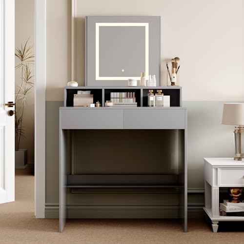 mcc direct Dressing Table, Vanity Desk with Mirror, LED Lights and Drawers, Makeup Desk with Brightness Adjustable, Large Open Storage Areas for Bedroom (GREY) - TULSA