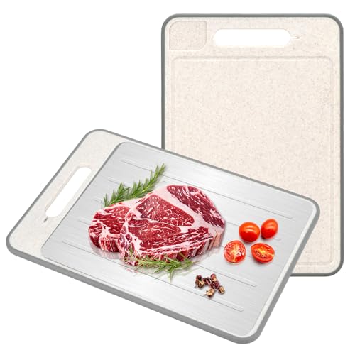 Tabla de Cortar para Cocina, Tabla de Corte Doble Cara de Metal y Polipropileno con Paja de Trigo, Multifuncional con Afilador de Cuchillos y Molinillo para Ajo miniatura 1