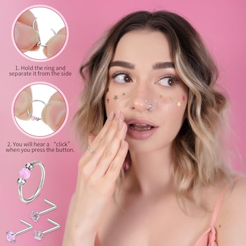 Yolev 4PCS Nose Ring Hoop Silver 18G 20G Surgical Steel Opal Nose Piercings Jewelry Silver Septum Ring for Women Men Hinged Helix Rook Conch Cartilage Daith Tragus Earring Septum Piercing Jewellery - Image 2