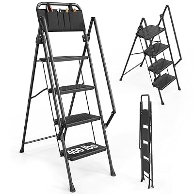 LUISLADDERS 4 Step Ladder with Handrails, Folding Step Stool with Widened Anti-Slip Pedal, 400lbs Lightweight Step Ladder 4 Step Folding, Multi-use for Home Kitchen Pantry Office, Black