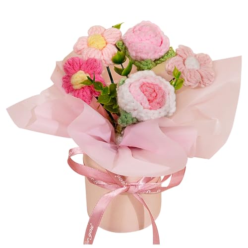 BSITSSS Ramo de flores de crochê, ramo de flores de malha feito à mão, flores artificiais para aniversário, dia dos namorados, presentes de malha para mãe, mulheres, amigas