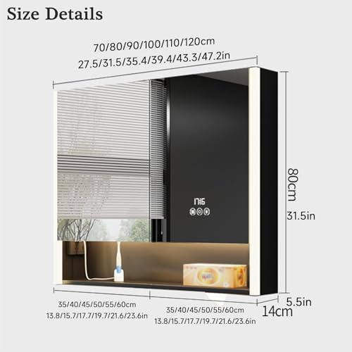 Wall-Mounted Bathroom Mirror Cabinet with LED Lights, Aluminum Alloy, One-Button Defogger, Spacious Storage (80x80cm) - Modern Design for Stylish Bathrooms