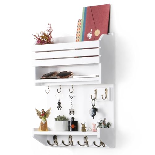 Innovation Key Holder for Wall, Wall Mounted Mail Organizer with 9 Key Hooks, White