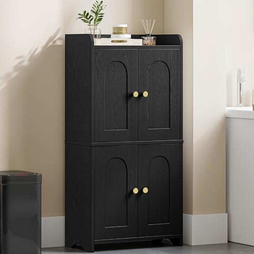 HEXCELEN Small Storage Cabinet Bathroom Storage Cabinet with 4 Doors Floor Bathroom Organizer Freestanding for Small Spaces Living Room Kitchen Entryway (Mediterranean Black)