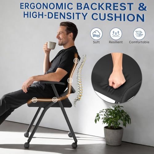 Image of Folding Office Chair with Wheel,Conference Room Chairs with Smooth Armrest-Mesh Back,Rolling Stackable Foldable Desk Chair for Guest Reception Meeting Classroom Training Seminar (100, Black)