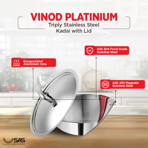 Vinod Platinum Triply Stainless Steel Kadai with Lid - 2.5 L, 24 cm | 2.5mm Thick Base, Even Heating No Hotspot, Less Oil Healthy Cooking, Heavy... - Image 7