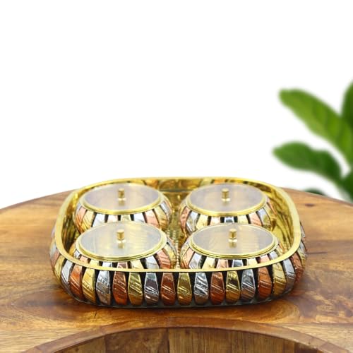 Image of INTERNATIONAL GIFT Aluminium 4-Jar Dry Fruit Set with Acrylic Lids & Tray - Tri-Tone Mukhwas & Candy Server in Velvet Gift Box for Premium Gifting