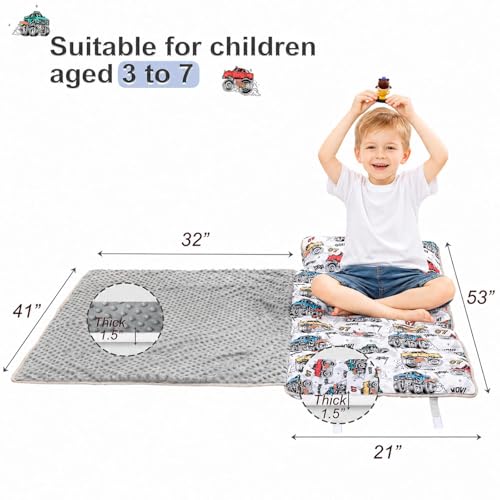 Image of Viviland Toddler Nap Mat with Pillow and Minky Blanket,Rolled Large Sleeping Mat for Boys, Kids Slumber Bag Nap Mat for Preschool, Daycare, Kindergarten, Travel Camping - Monster Truck