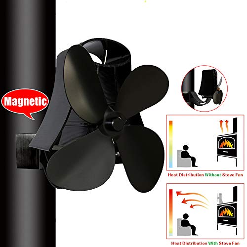 QJUZO Stromloser Ventilator Kaminventilator Ofenventilator für Kamin Feuerstelle Holzöfen Öfen Hitzebetrieben Umweltfreundlich Geräuscharmer 4 Rotorblätter mit Thermometer,Grau
