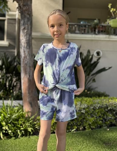 Image of Arshiner Girls Summer 2 Piece Outfits Tie Dye Short Sets Casual Twist Front Short Sleeve Tops and Pant with Pockets