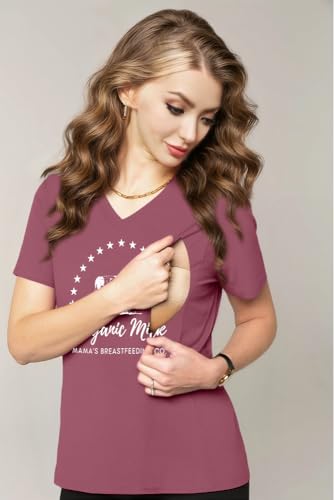 LUKYCILD Nursing Shirts for Breastfeeding Women Zipper Nursing Maternity Graphic Tee Mama Breast Feeding V Neck Tops Pink — view 5